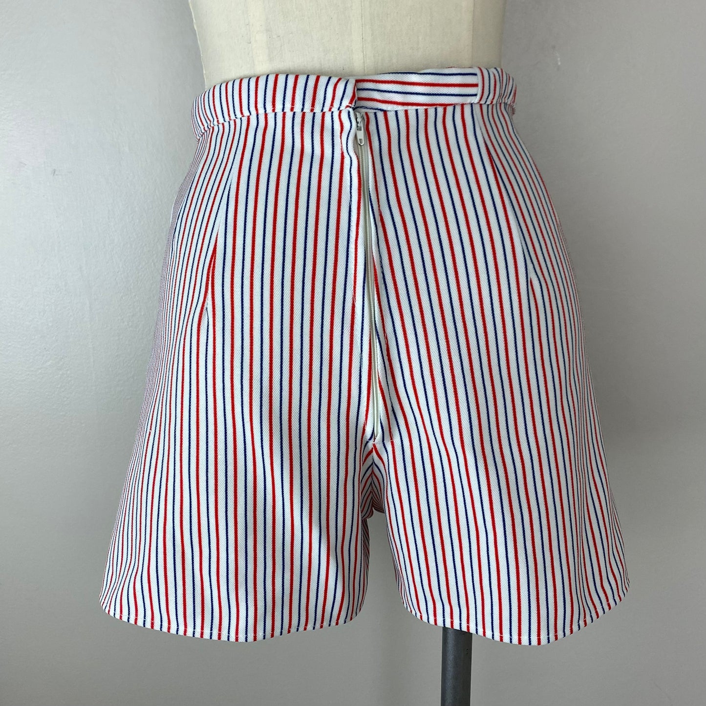 1970s Red White and Blue Striped Shorts, Handmade, Size Medium, 28" Waist, High Waisted with Back Zip