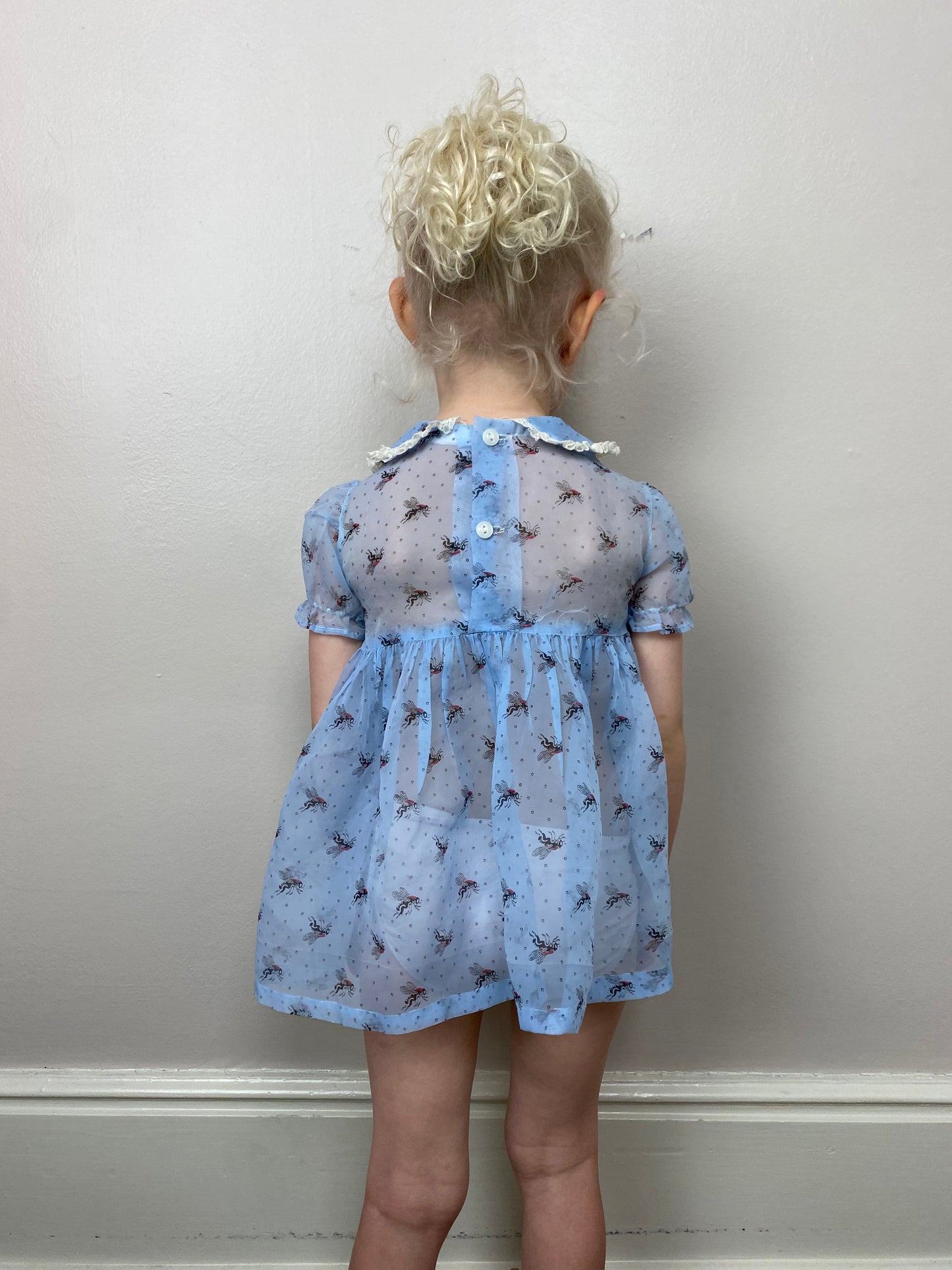 1950s Bug Print Dress, Sheer Novelty Print, Pastel Blue, Size 2T