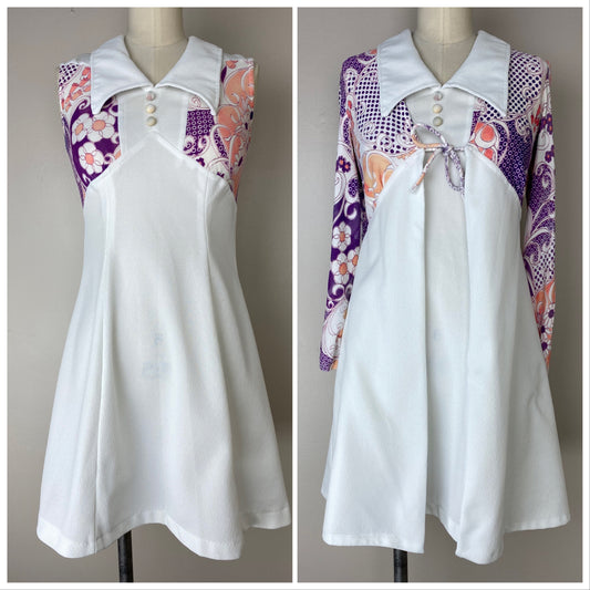1960s/70s Mod Mini Dress, Size Small, 2 Piece Set, Pink and Purple Floral