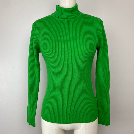 1970s Green Rib Knit Turtleneck Sweater, Size Small, Back Zip
