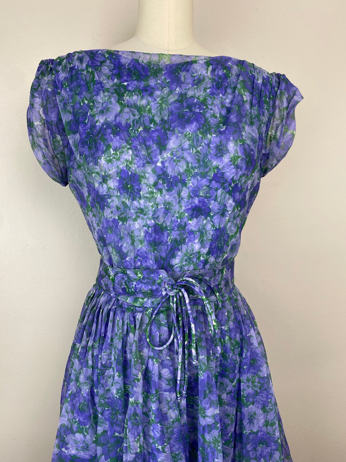 1950s Purple Floral Chiffon Party Dress, Size Medium,