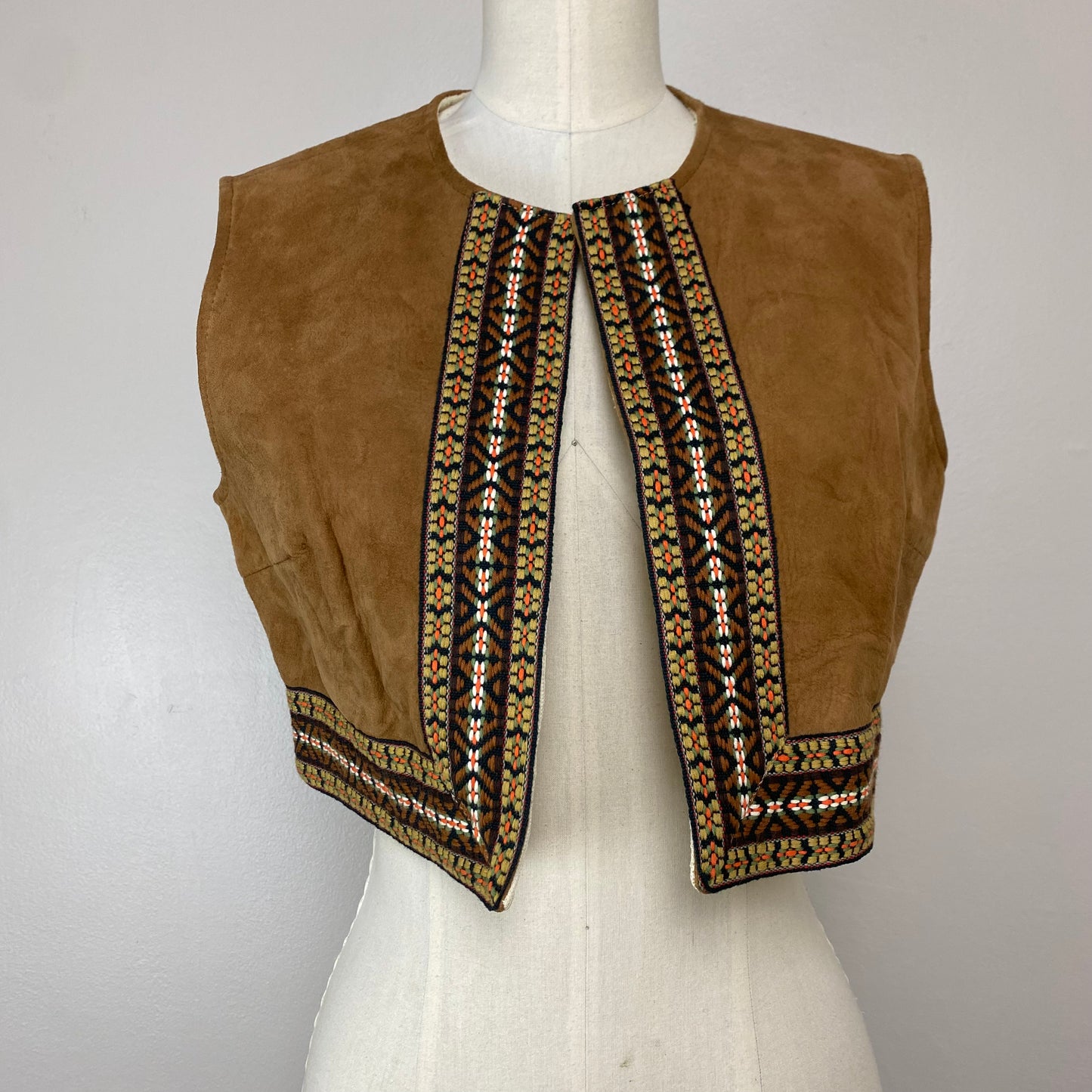 1960s Cropped Suede Vest with Boho Trim, Size XS/S