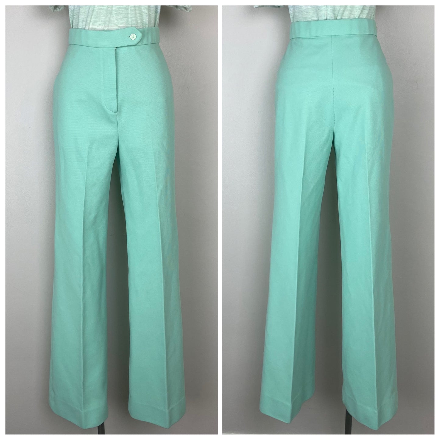 1970s High Waisted Bell Bottom Pants, Mint Green, Center Stage II, Textured Double Knit