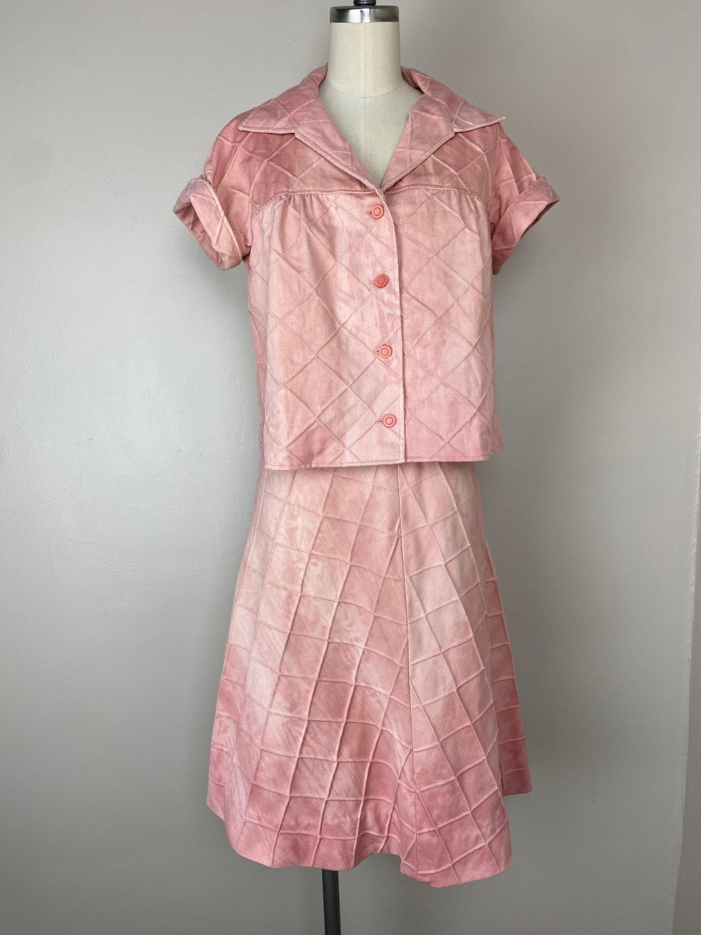 1970s Pink Denim Top and Skirt Set, Size XS/S, Tie Dye, Pin Tuck Grid