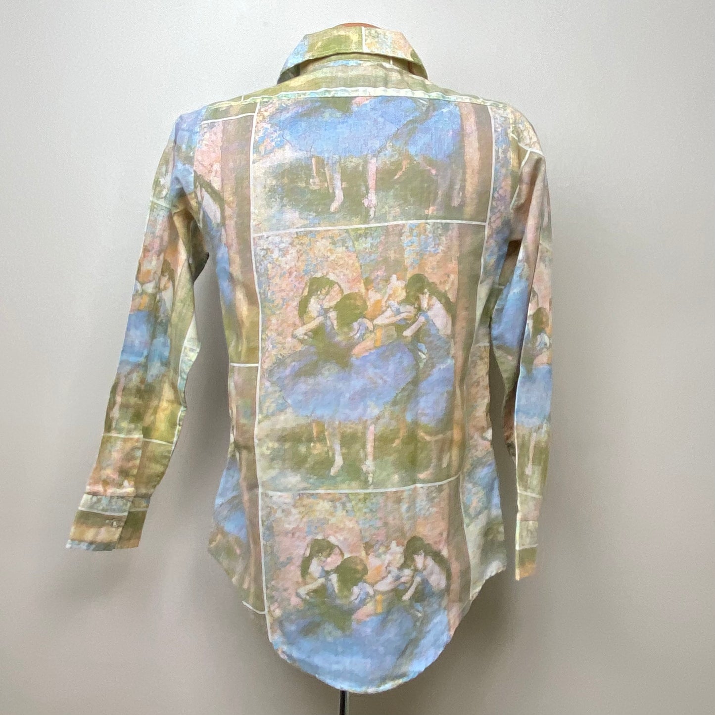 1970s Edgar Degas Print Shirt, K Mart Size Small, Blue Dancers, Ballerinas