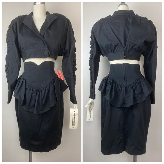 1980s Young Edwardian Black Suit, Deadstock, Size Medium, Cropped Jacket, Peplum Skirt