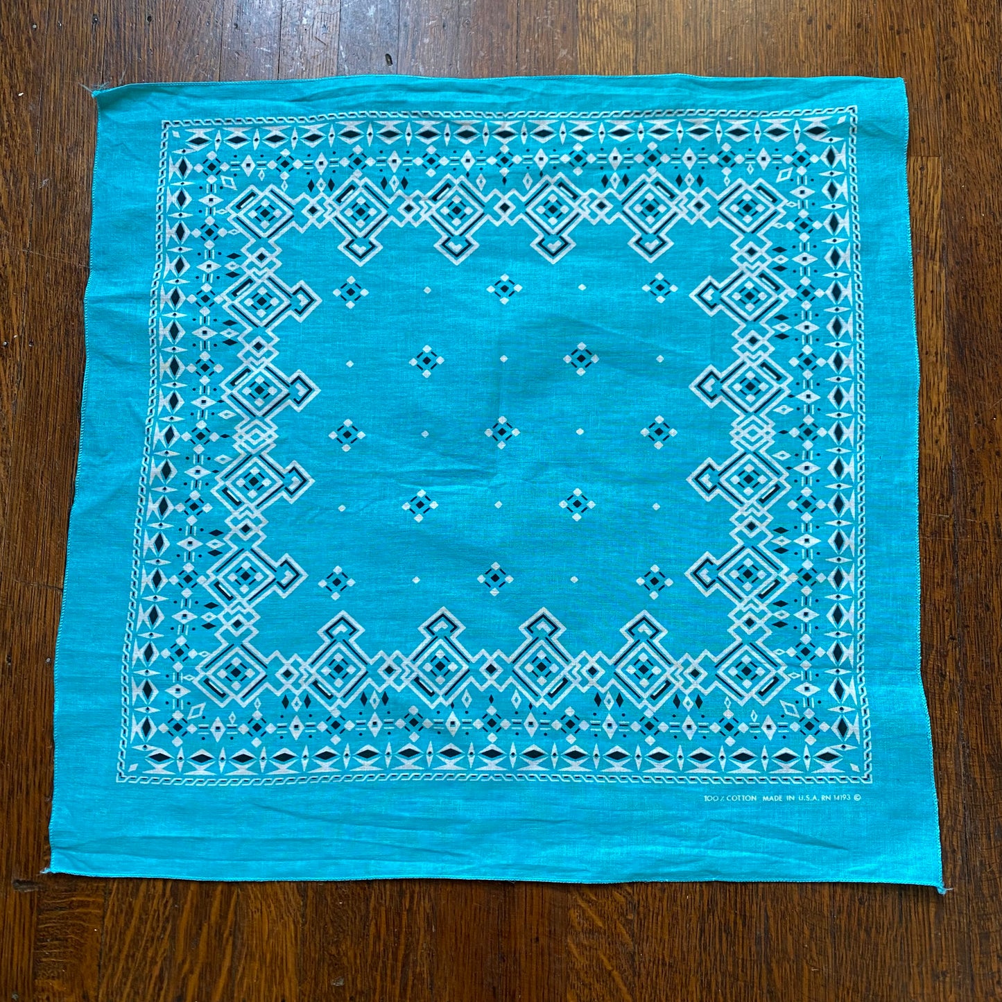 1980s Aqua Bandana, RN 14193, 100% Cotton, Made in USA, Selvage Edge