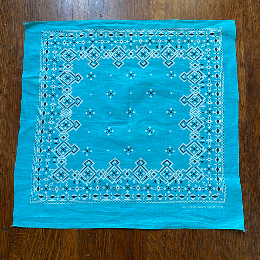 1980s Aqua Bandana, RN 14193, 100% Cotton, Made in USA, Selvage Edge