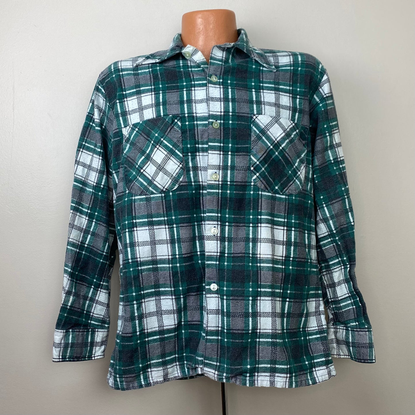 1970s Green and Black Plaid Flannel Shirt, Size Large, Printed Plaid, All Cotton, Distressed