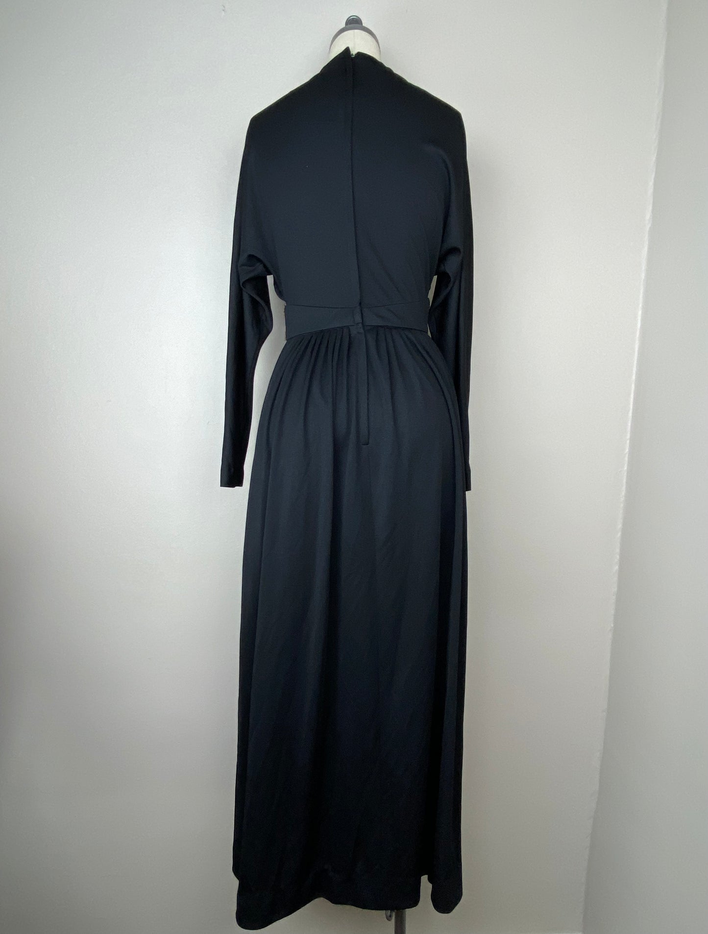 1970s Victor Costa Black Maxi Dress with Gold Beads and Rhinestones, Size XS