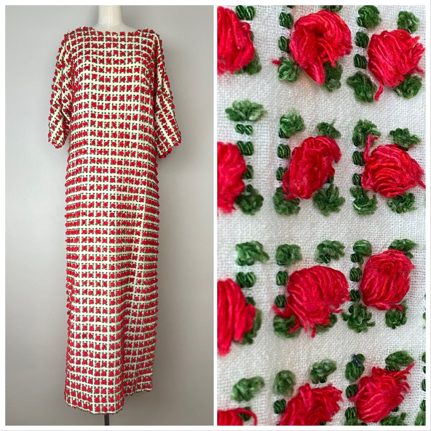 1960s/70s Christmas Kaftan Dress, Chezelle Size XS/S, 3D Yarn Red Roses, Christmas