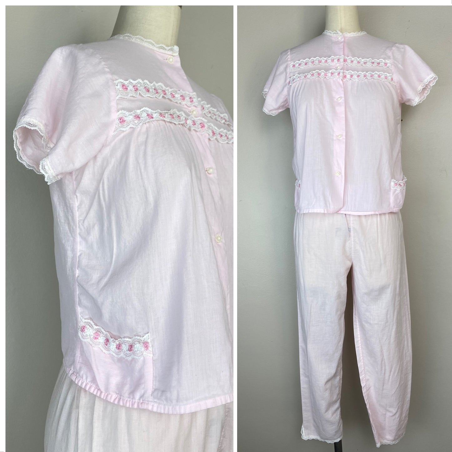 1950s Pastel Pink Pajamas, Size XXS/XS, Matching Top and Cropped Pants