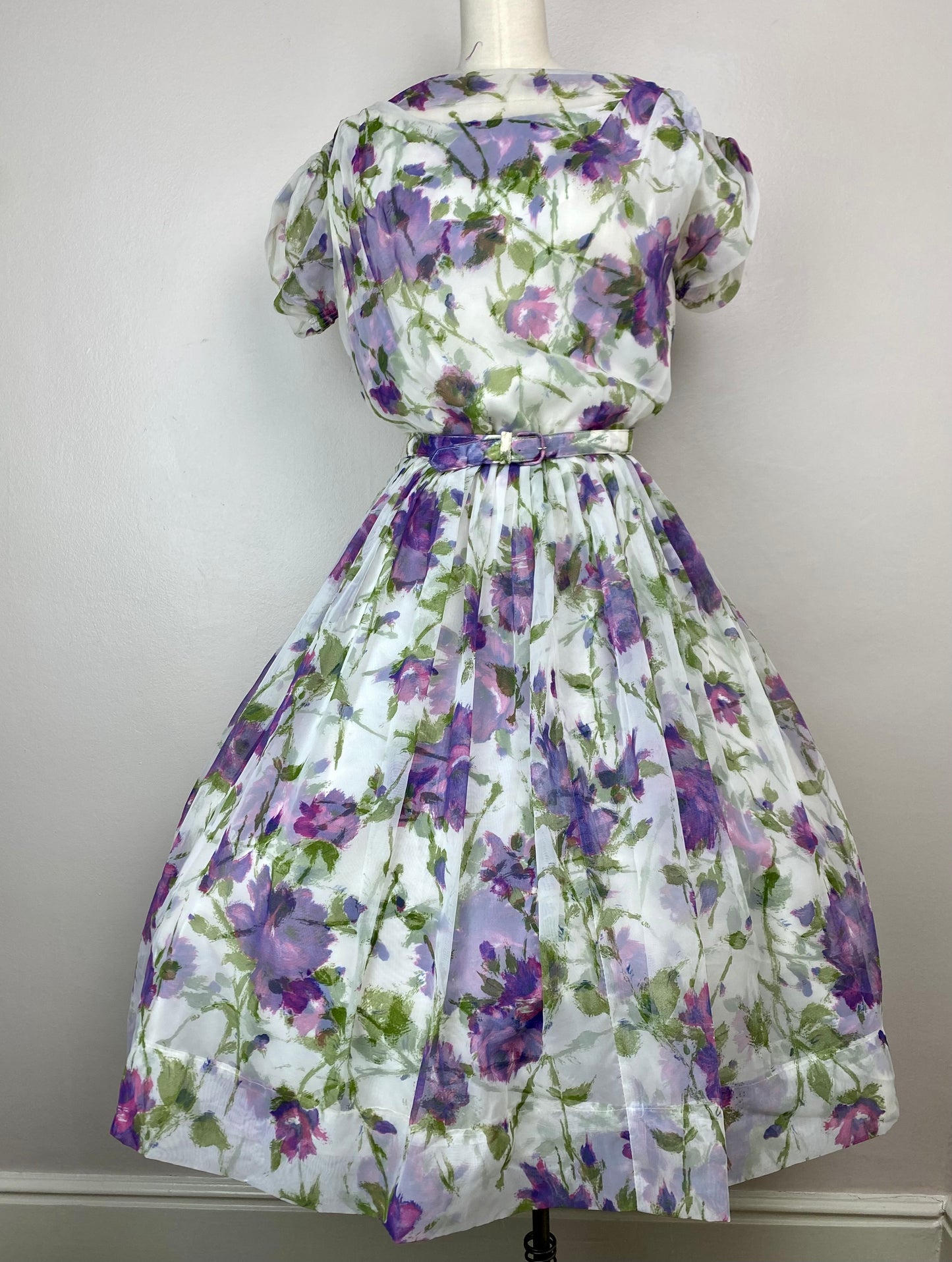 1950s Floral Chiffon Party Dress, Size Large