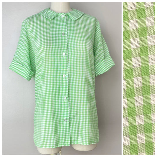 1960s Green Gingham Blouse, Hanold Size Medium, Short Sleeve