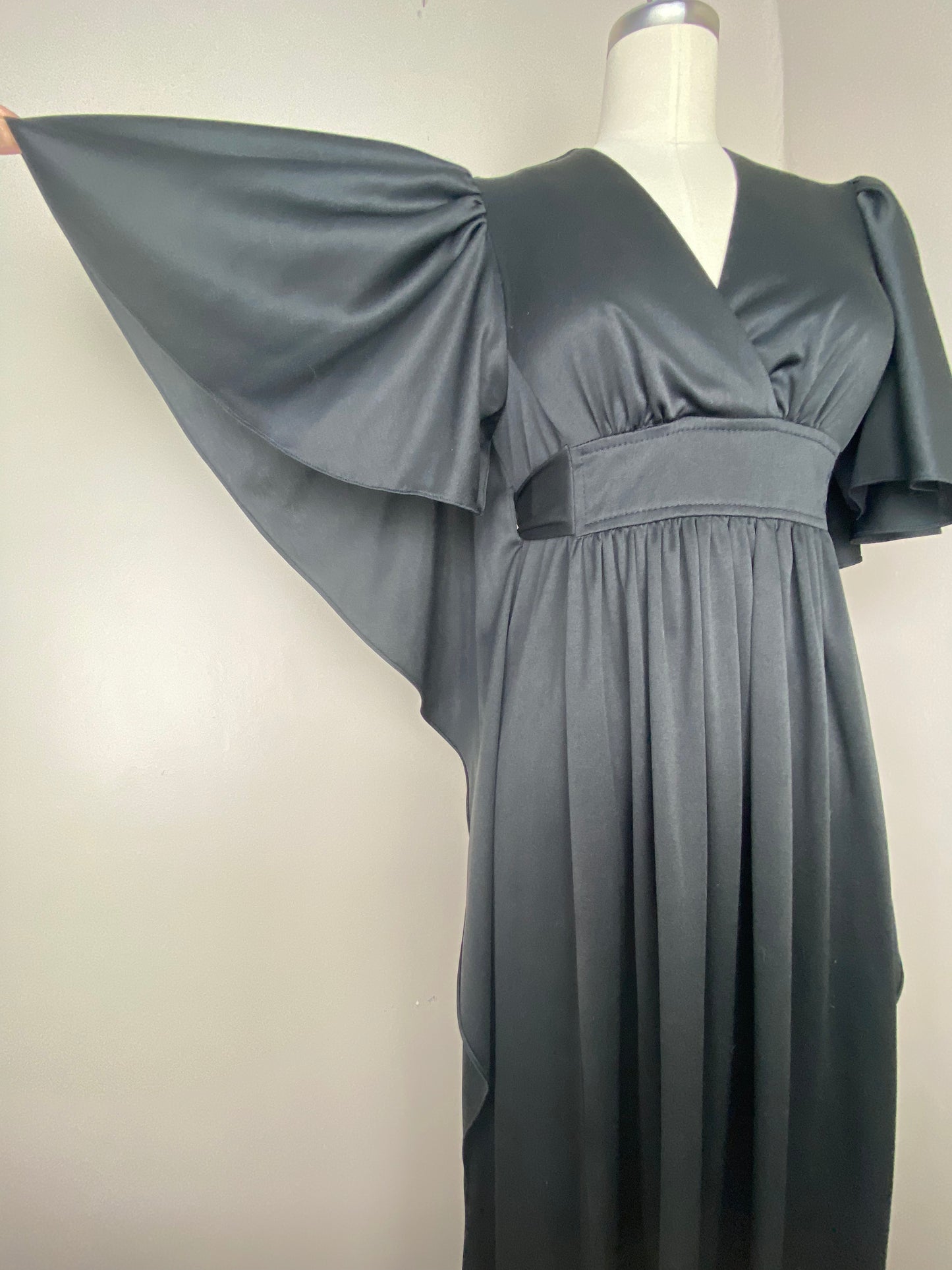 1970s Black Maxi Dress with Flutter Sleeves, Jerell of Texas, Size S/M