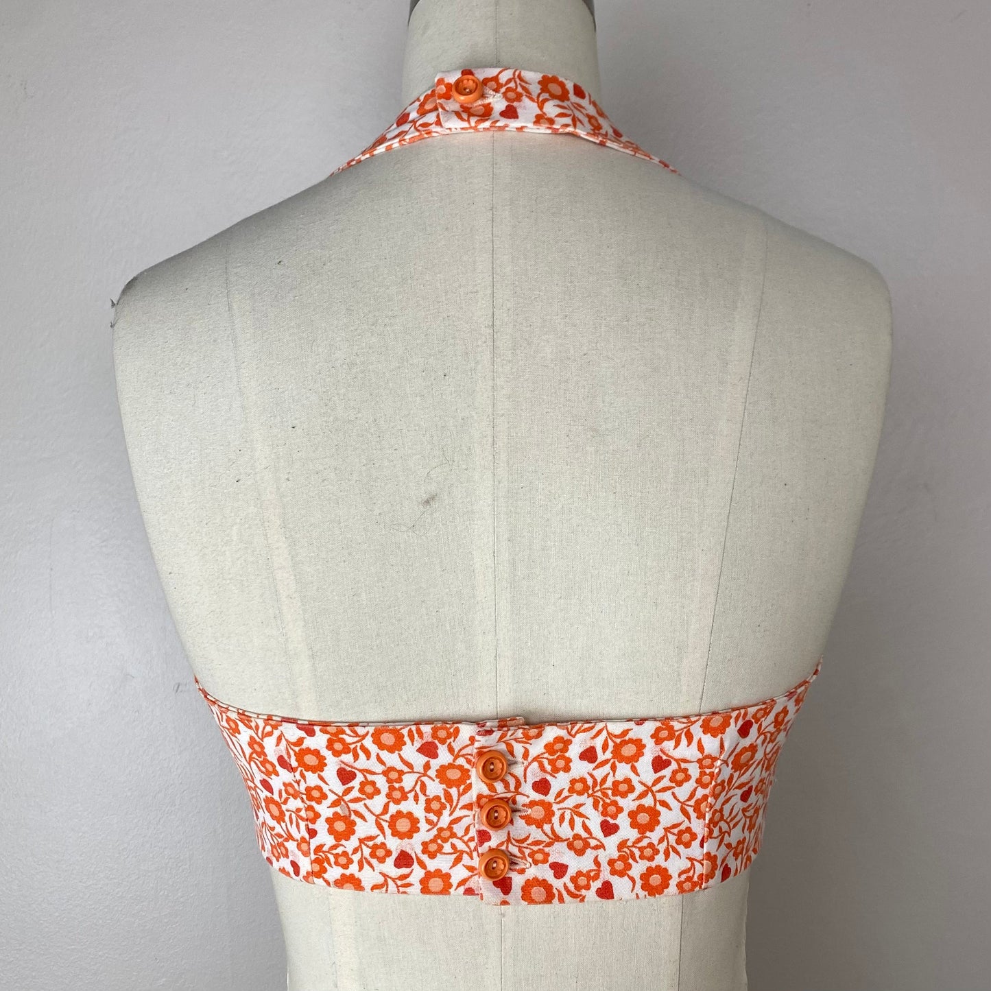 1960s Halter Top, Size XS, Orange Floral, Handmade