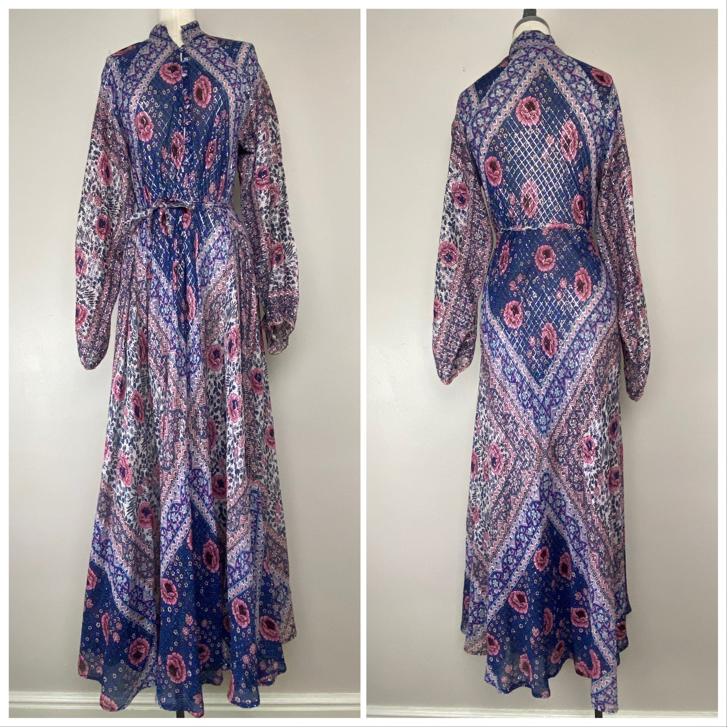 1970s Sultana by Adini Maxi Dress, Purple Floral with Metallic Thread, Size Medium