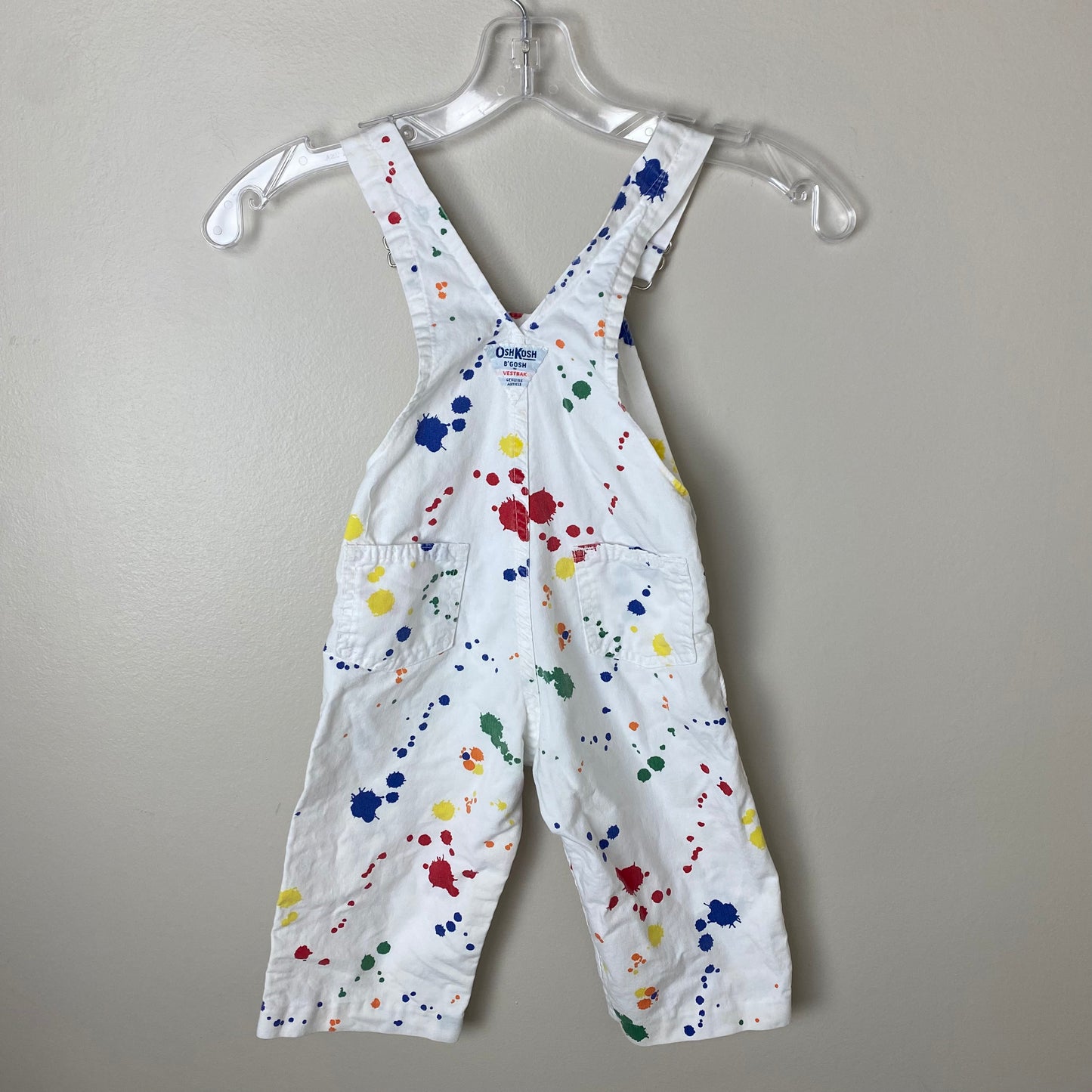 1980s Oshkosh Overalls, White with Rainbow Splatter Paint, Size 2T