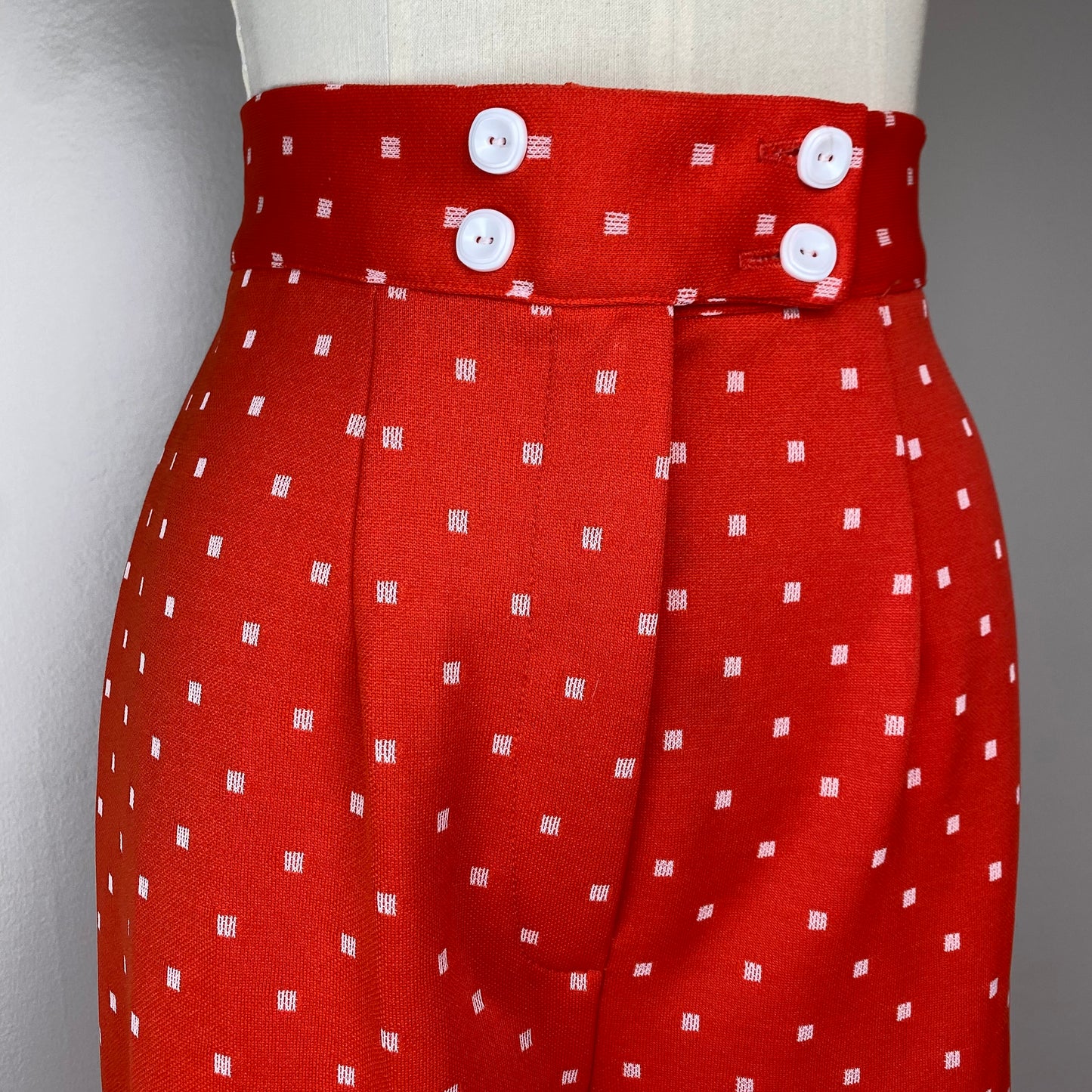 1970s Red Polka Dot Bell Bottom Pants, 27"x30.5"