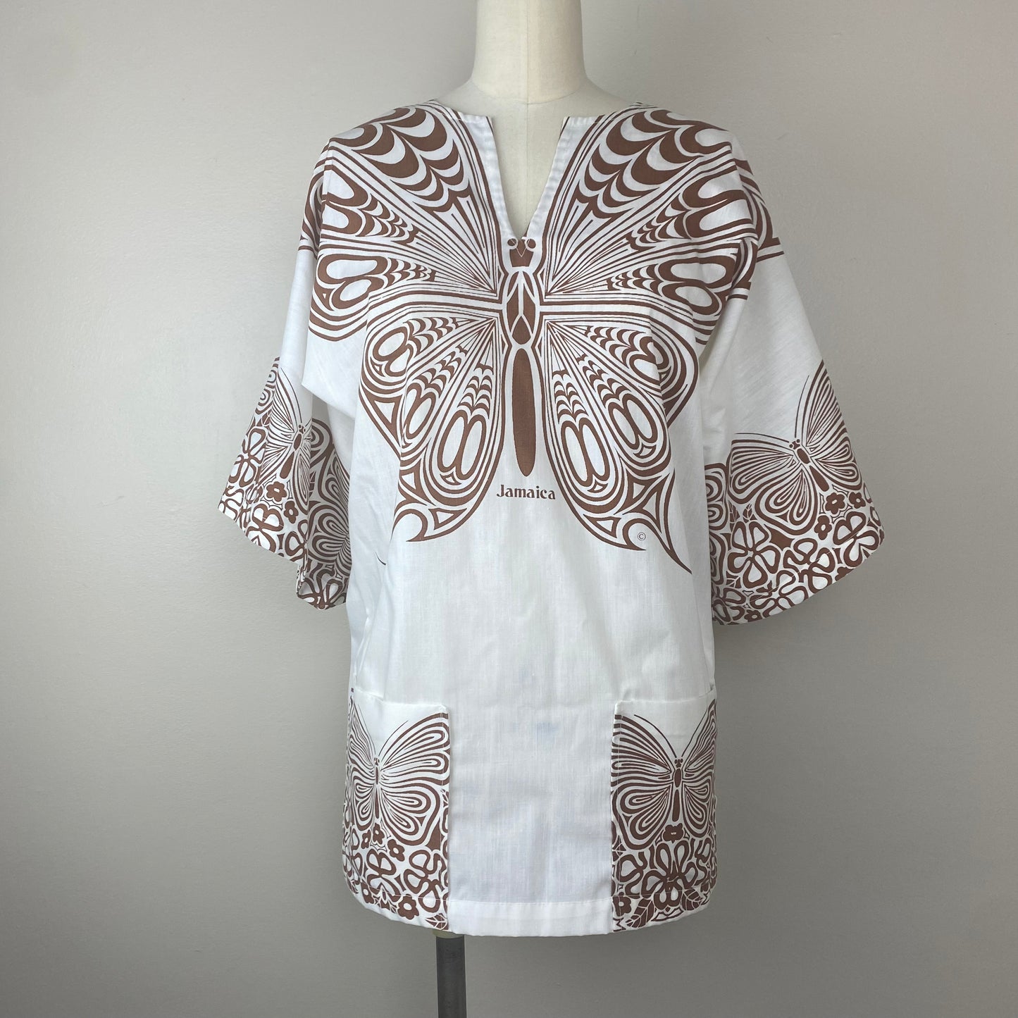 1970s Jamaica Souvenir Shirt, Sun Island Size Small, Butterfly Hippy Tunic