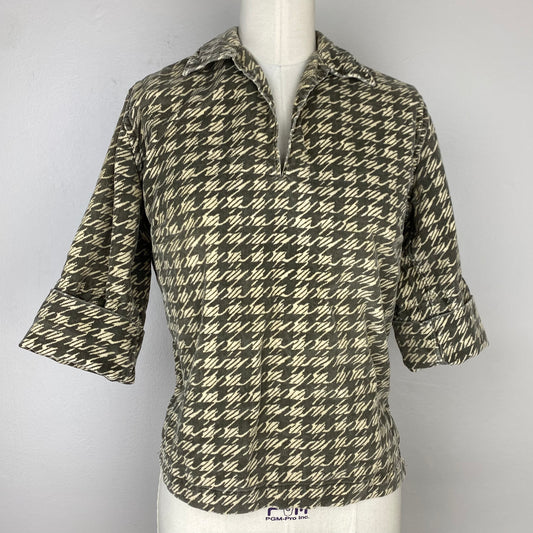 1950s Lady Hathaway Printed Corduroy Shirt, Size XS/S, Velour Cloth Houndstooth