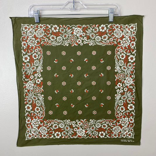1960s Army Green Floral Bandana, RN 14193, Selvage Edge, Made in USA
