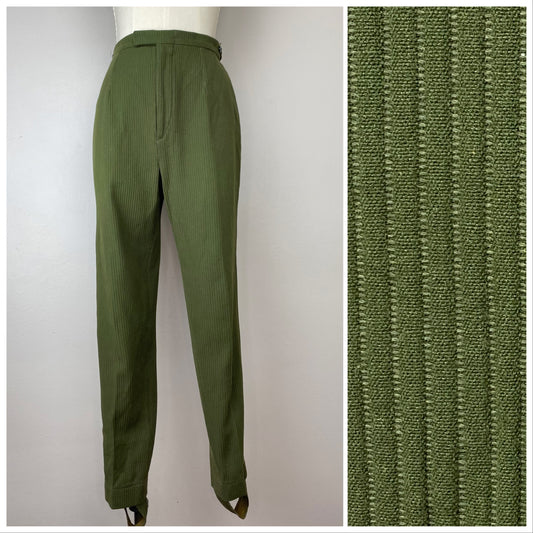 1960s Olive Green Stirrup Pants, Mr Thomson Perfect Fit, Size Small, High Rise Tapered Leg