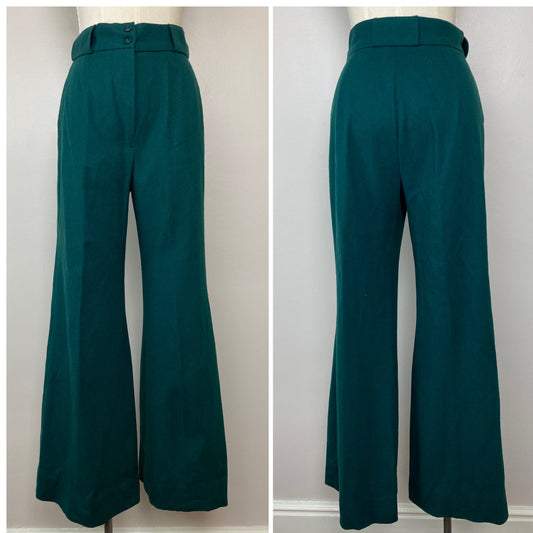 1970s Green Wool Blend Bell Bottom Slacks, College Town, Size XS/S, 25"x29.75"