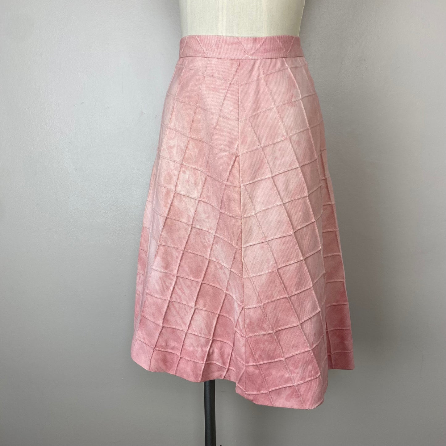 1970s Pink Denim Top and Skirt Set, Size XS/S, Tie Dye, Pin Tuck Grid