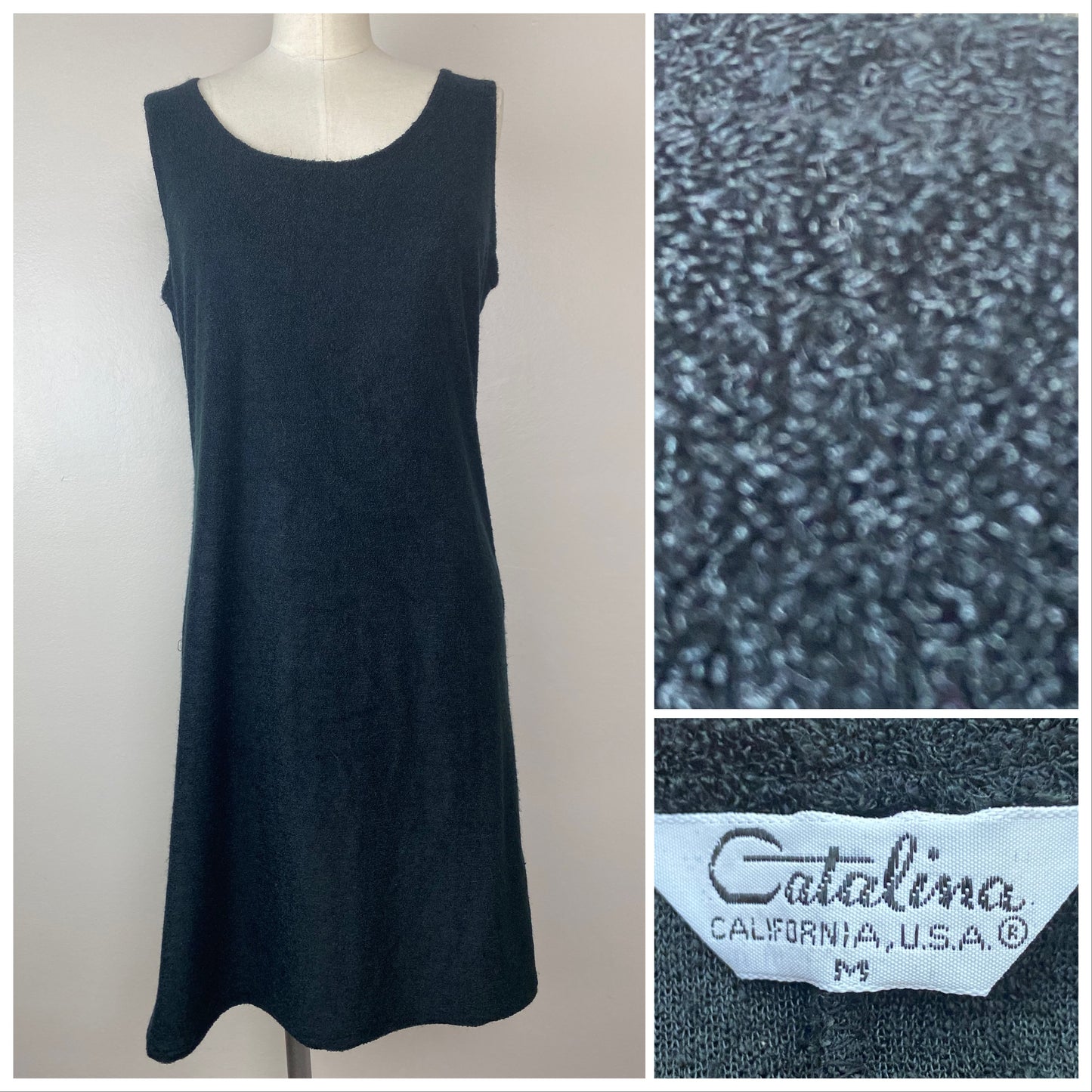 1970s Black Terry Cloth Dress, Catalina Size Small, Bathing Suit Swim Cover Up