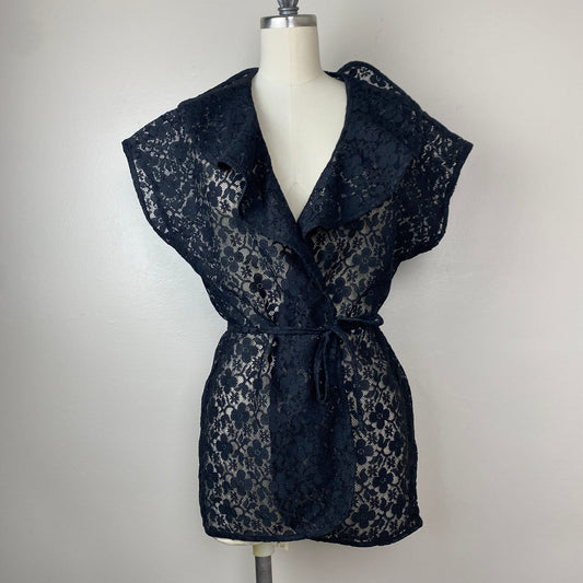 1970s Black Lace Crossover Blouse, Georgy Size Small, Sleeveless Cardigan