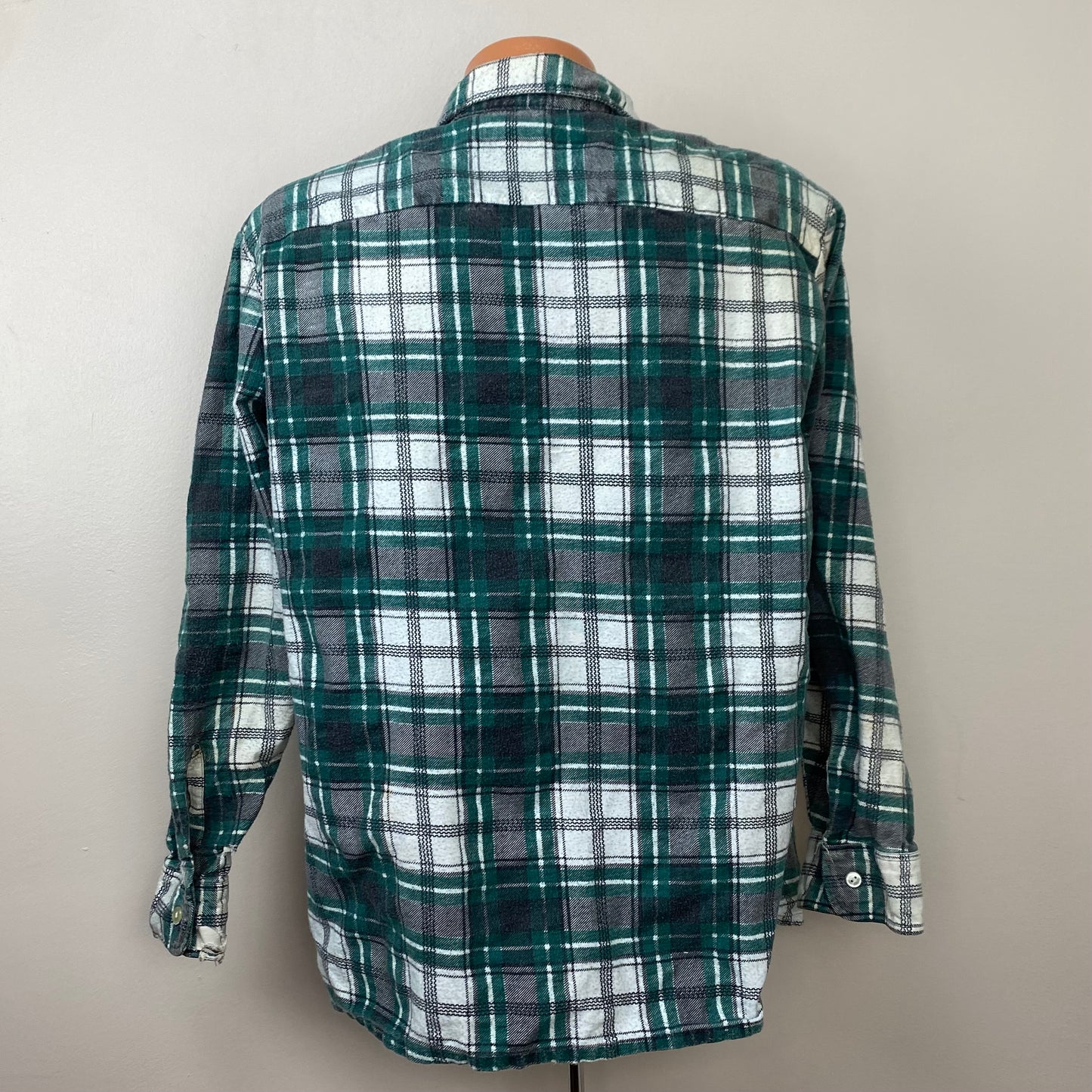 1970s Green and Black Plaid Flannel Shirt, Size Large, Printed Plaid, All Cotton, Distressed