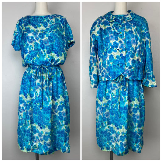 1960s Abe Schrader Blue Floral Dress and Jacket, Size Medium, Summer Suit