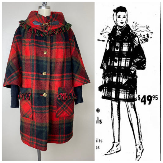 1960s Red Plaid Coat with Fringe, Village Casuals by Fashionbilt Size Medium