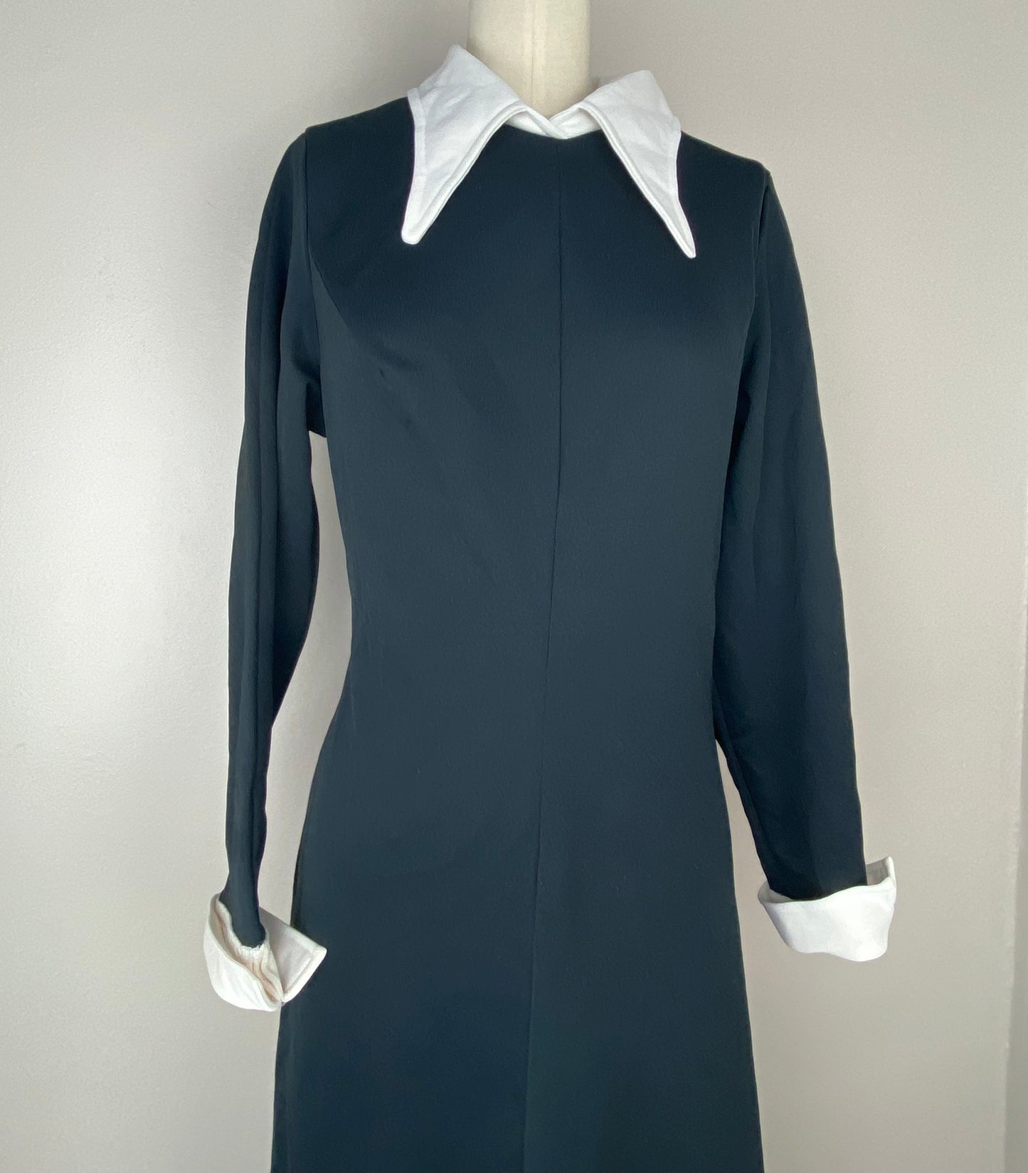 1970s Black Maxi Dress with White Pointed Collar and Cuffs, Sears Fashions Size M-L