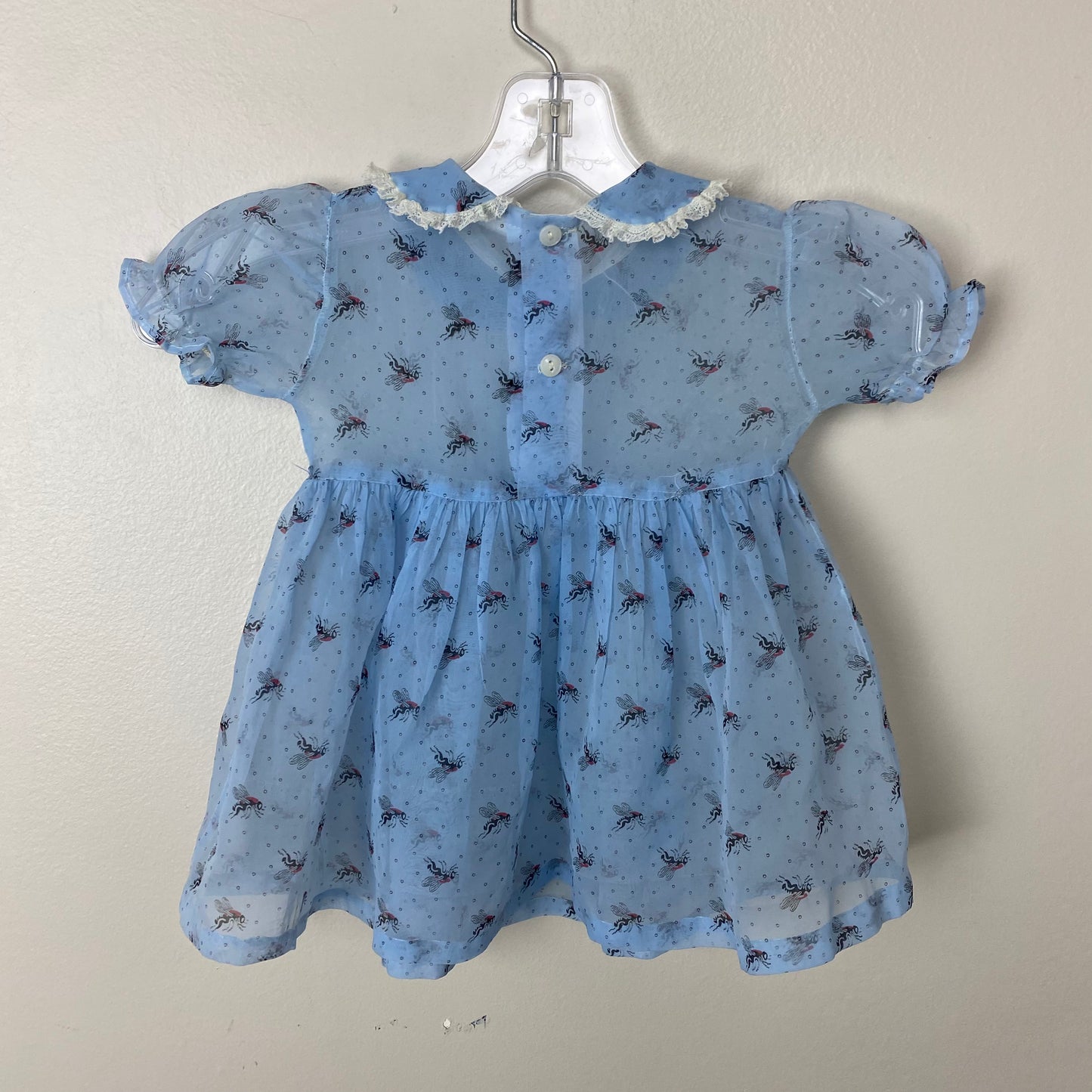 1950s Bug Print Dress, Sheer Novelty Print, Pastel Blue, Size 2T