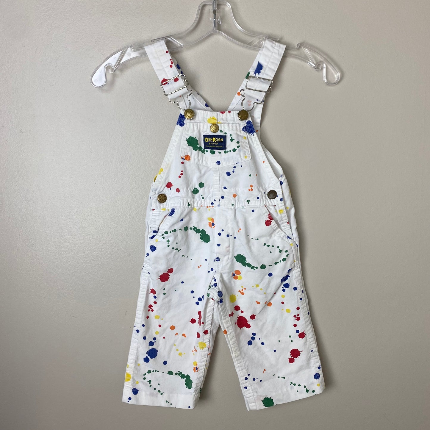 1980s Oshkosh Overalls, White with Rainbow Splatter Paint, Size 2T