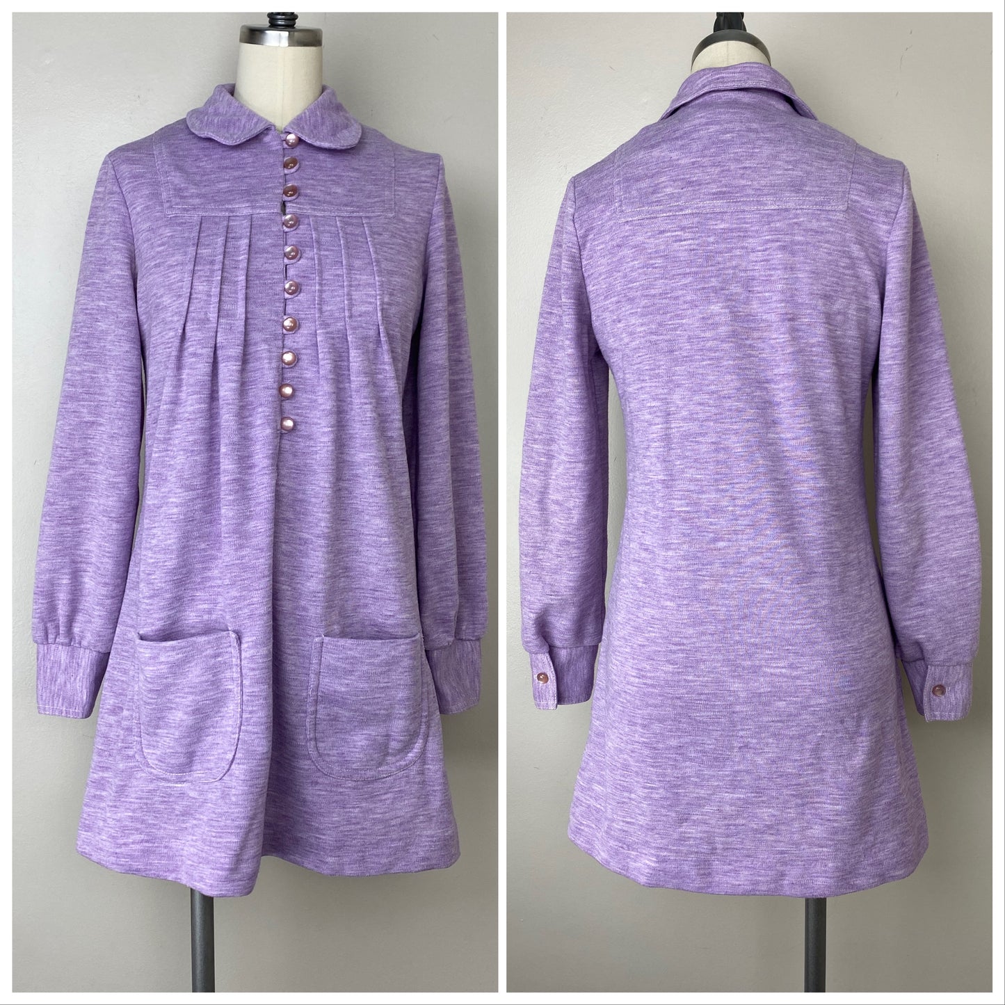 1970s Mod Knit Mini Dress, Size Small, Heathered Purple, Peter Pan Collar