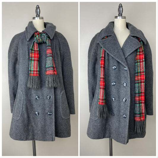 1970s Grey Peacoat with Plaid Lining and Scarf, O-Kay by Herman Kay Size Large, Double Breasted Winter Coat