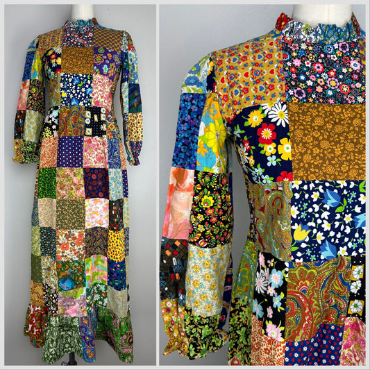 1970s Patchwork Prairie Maxi Dress, Size Small