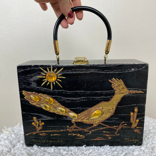 1960s Wooden Box Purse, Jeweled Roadrunner, Madge, King of the Road