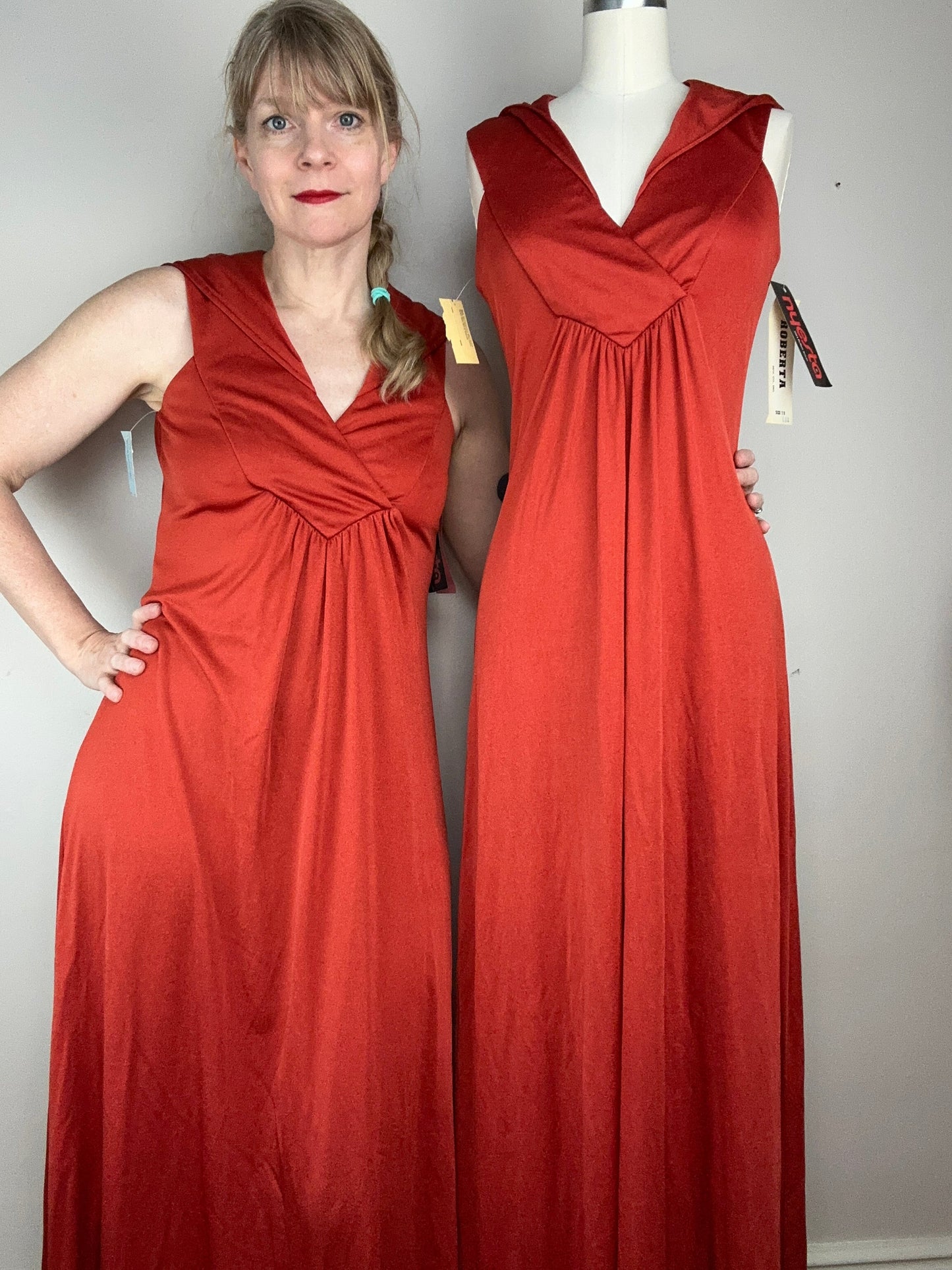 1970s Rust Hooded Maxi Dress, Size XS/S