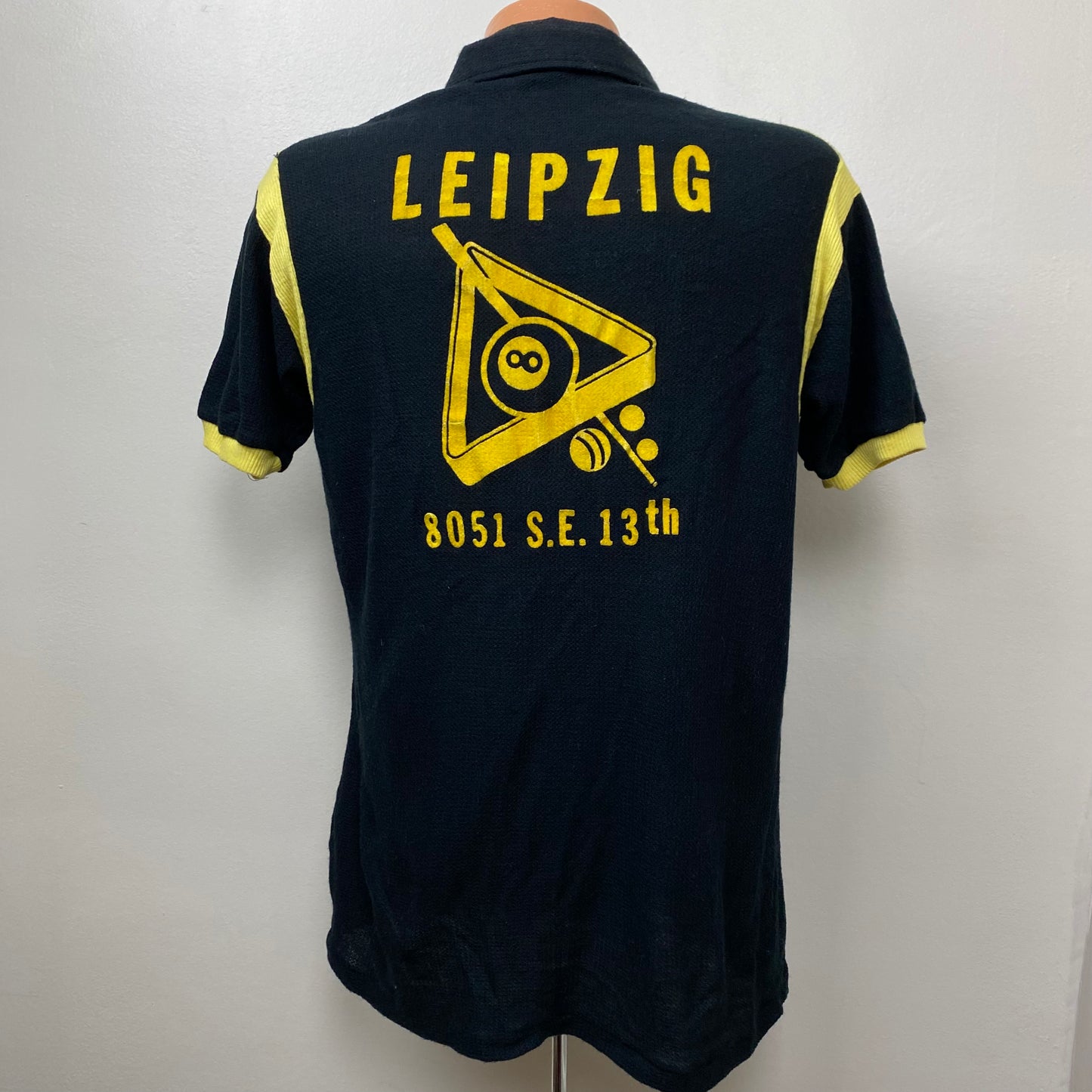 1970s Leipzig Tavern Portland Bowling Shirt, Hilton Polo Size Large, Flocked, Chain Stitch