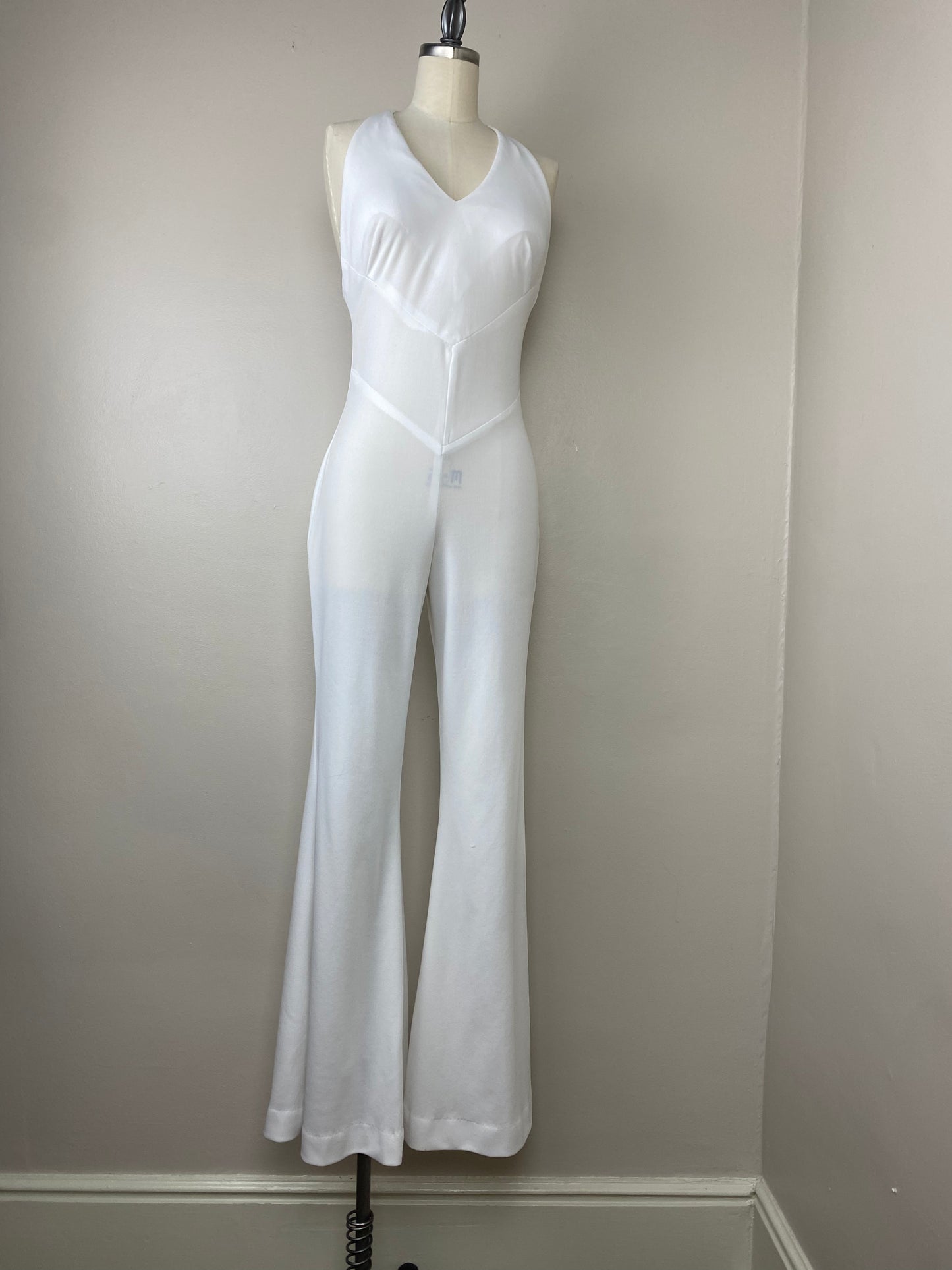 1970s White Bell Bottom Halter Jumpsuit, Size S/M