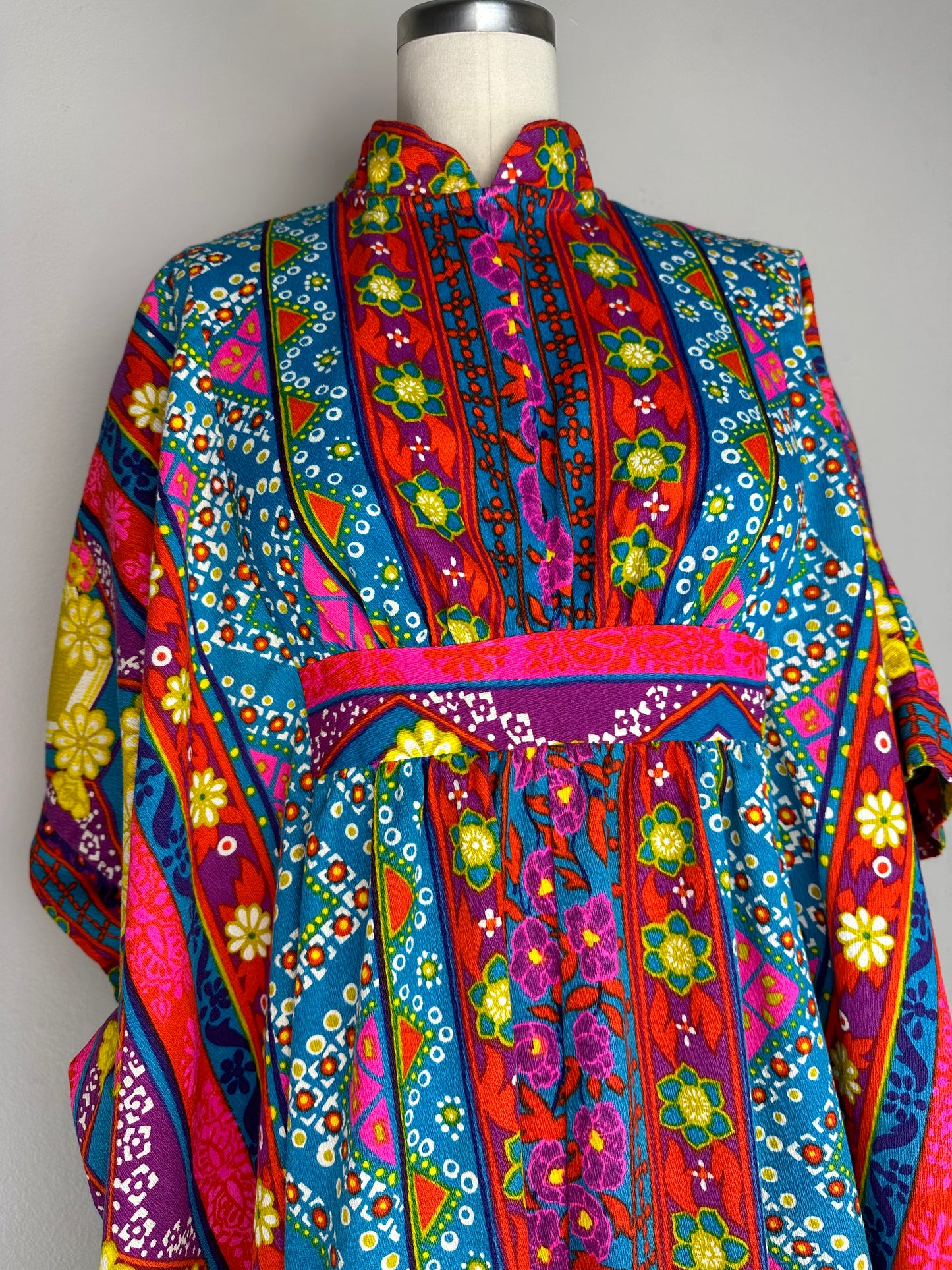 1960s Bright Floral Stripe Barkcloth Kaftan, Open Sizing