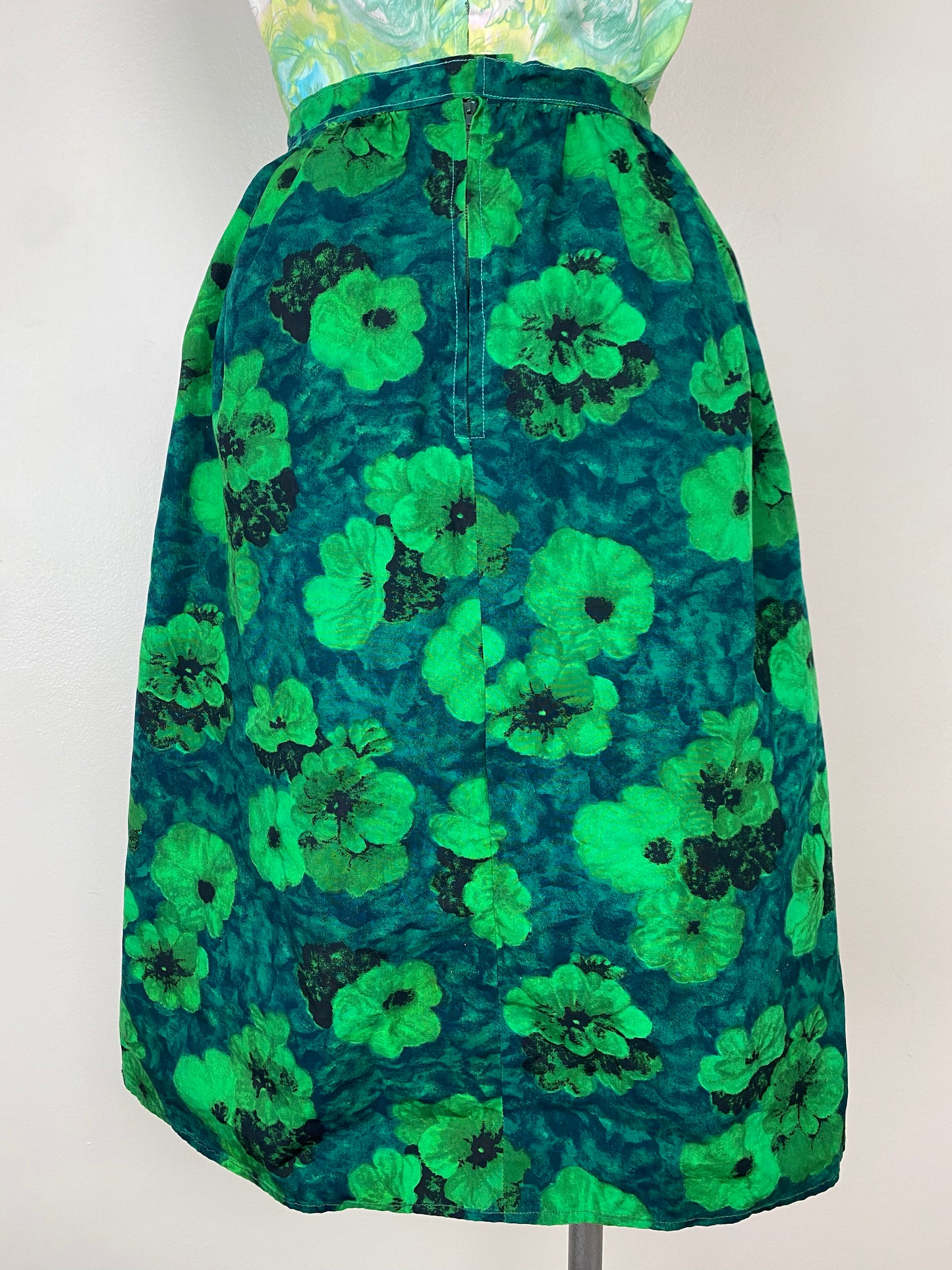 1960s Green Floral Skirt, Homemade, Size Small, 27.5" Waist