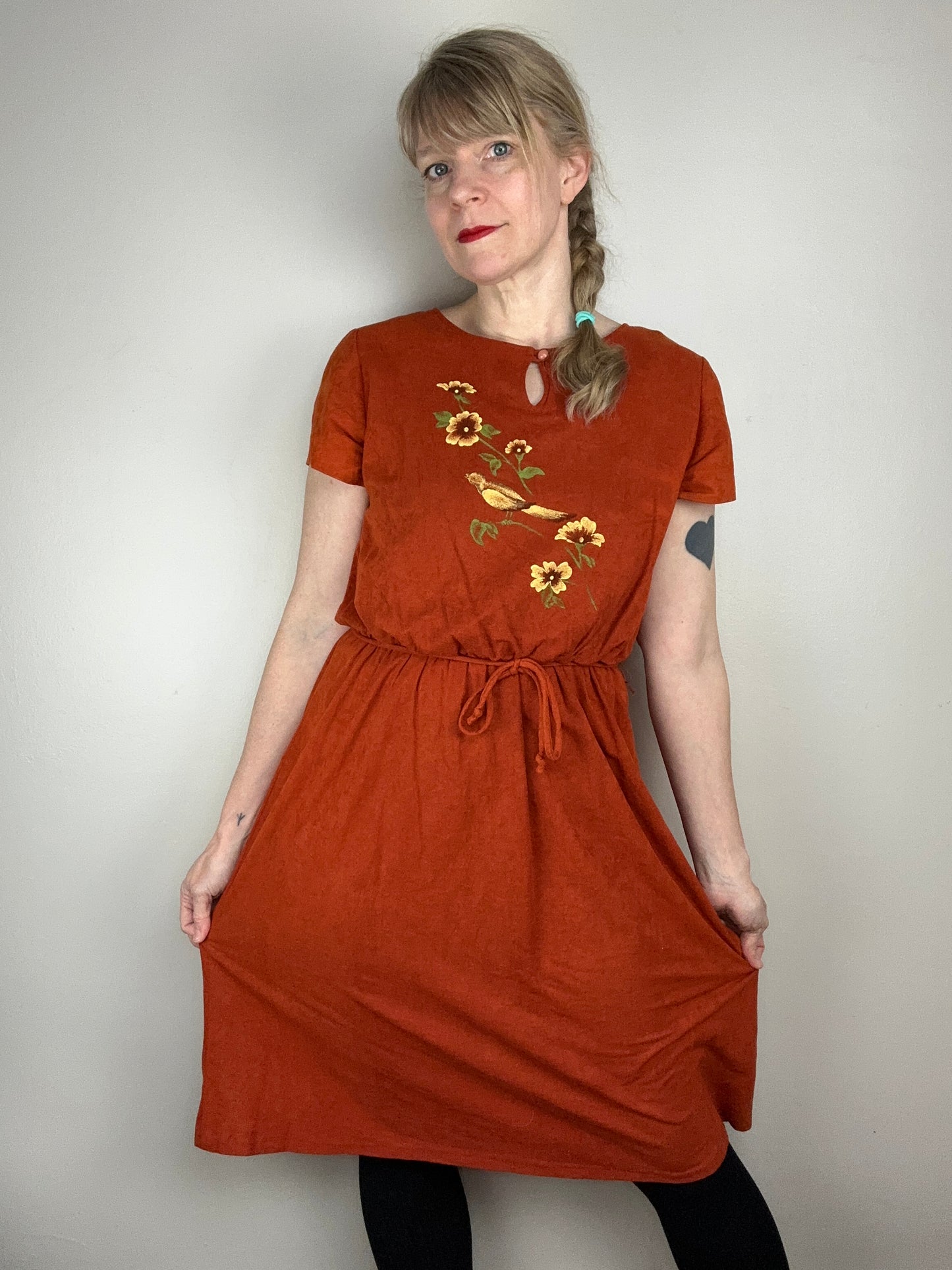 1970s Velour Bird Dress, Size Medium-Large