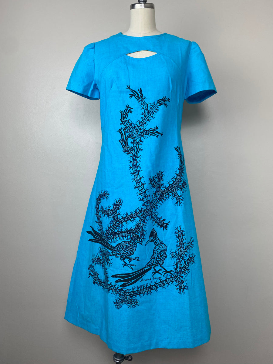 1960s Harwood Steiger Dress, Hand Printed Roadrunner, Size Small ...