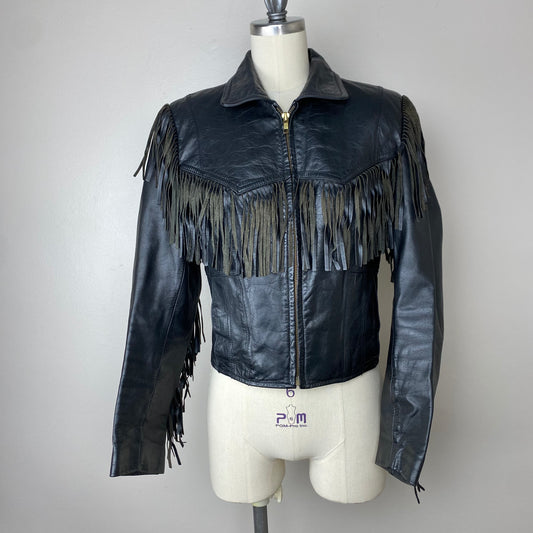 1980s Black Leather Jacket with Fringe, Berman's Size XS