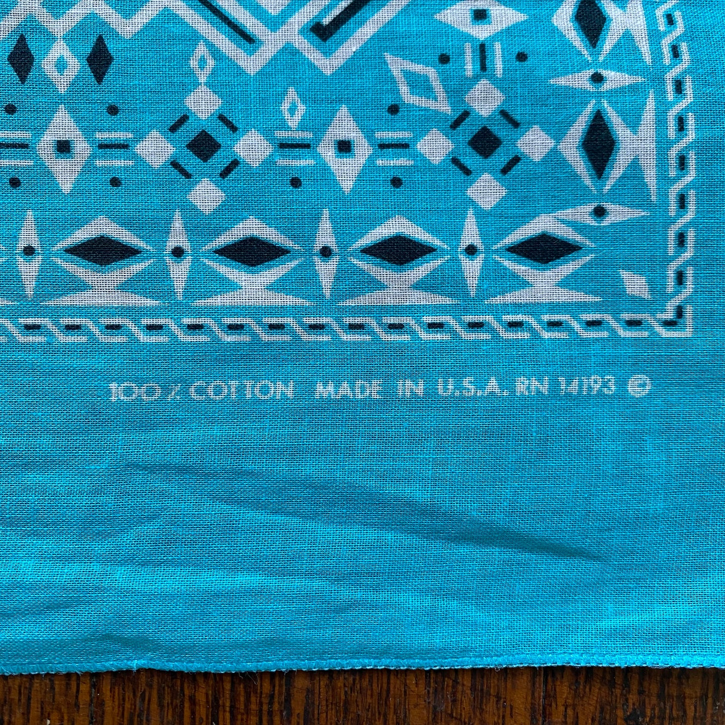 1980s Aqua Bandana, RN 14193, 100% Cotton, Made in USA, Selvage Edge